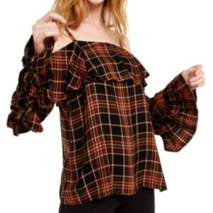 NWT INC WOMENS S RUFFLED COLD SHOULDER PLAID TOP